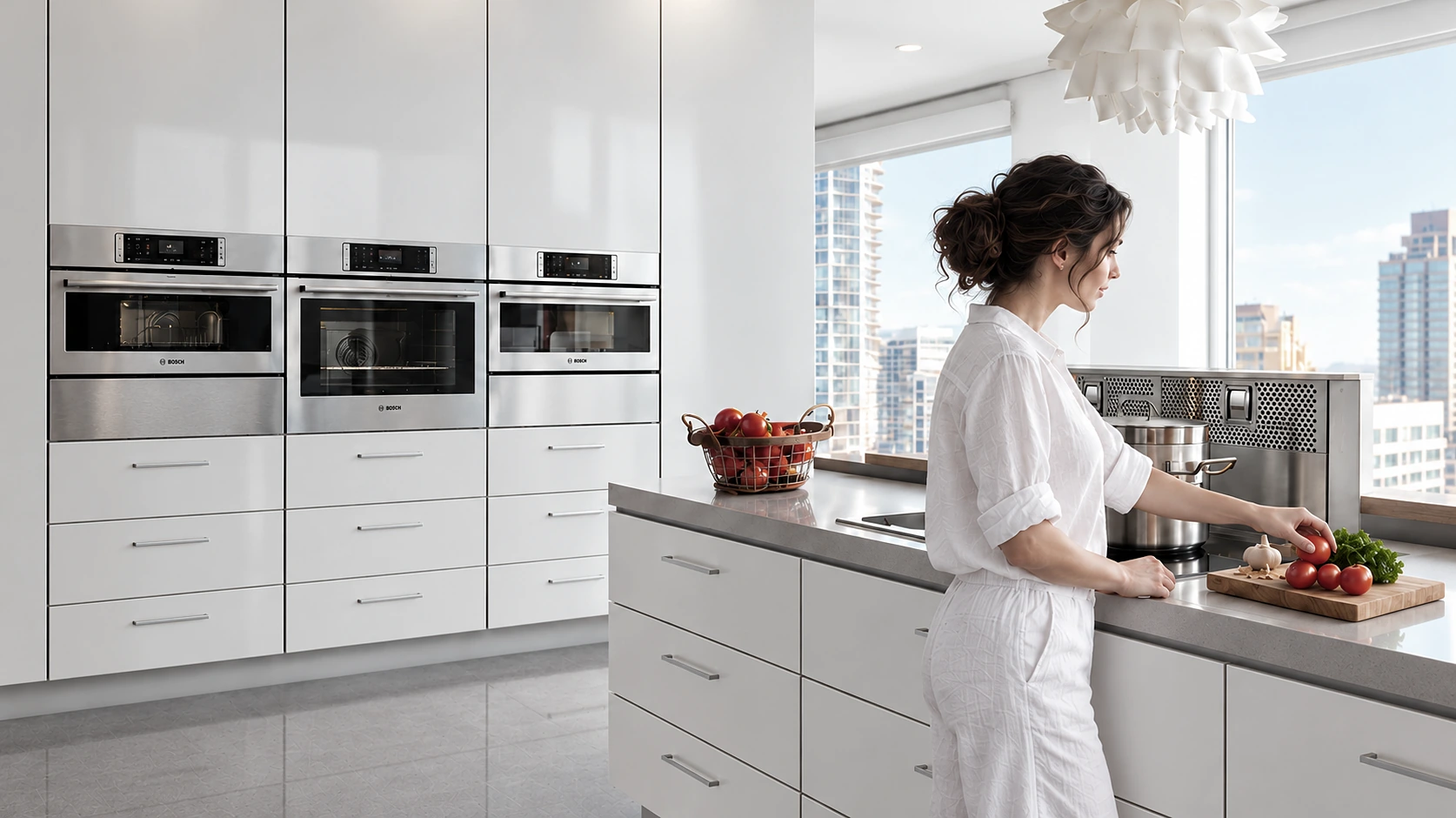 A woman in white prepares tomatoes in a bright kitchen with built-in Bosch stainless-steel ovens and white cabinetry.