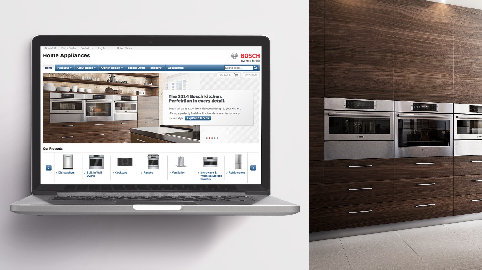 A laptop displays the Bosch Home Appliances website beside built-in stainless-steel ovens set into dark wood cabinetry.
