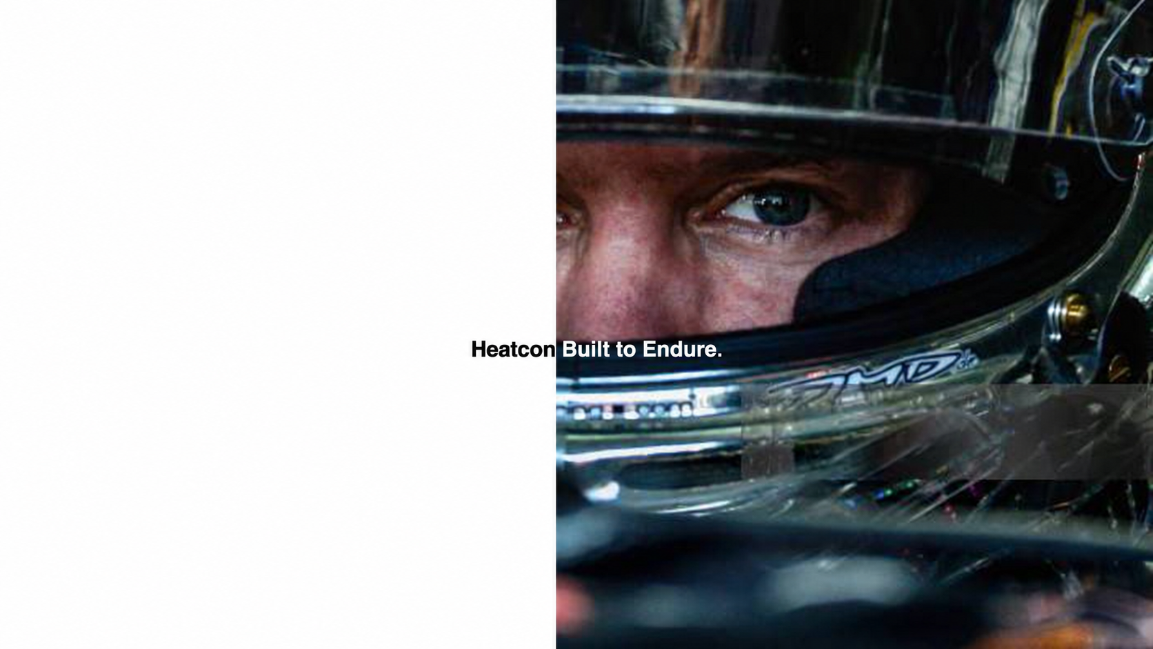 A close-up of a helmeted racing driver beside the Heatcon Built to Endure campaign headline.