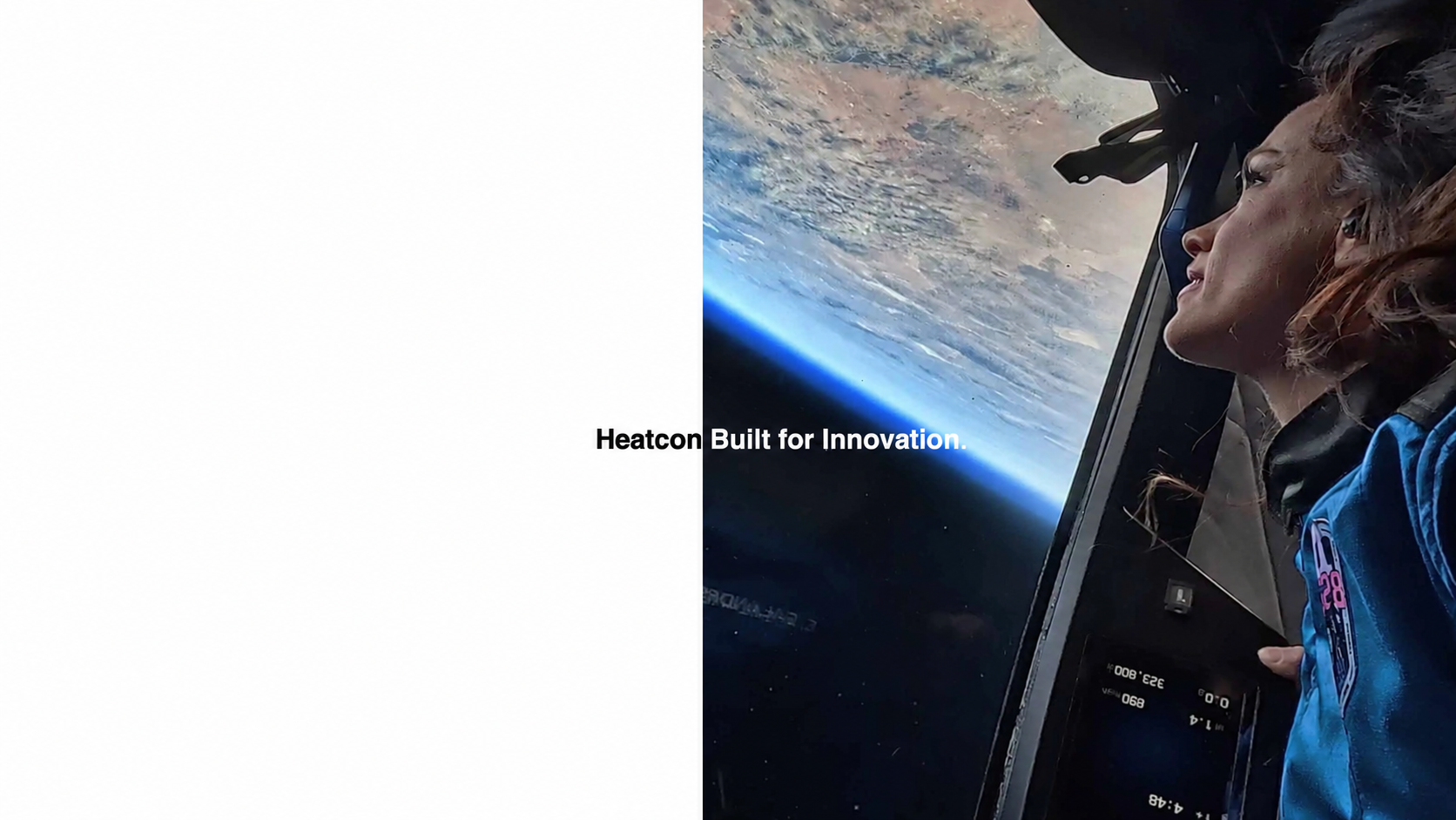 A space traveler looking toward Earth beside the Heatcon Built for Innovation campaign headline.