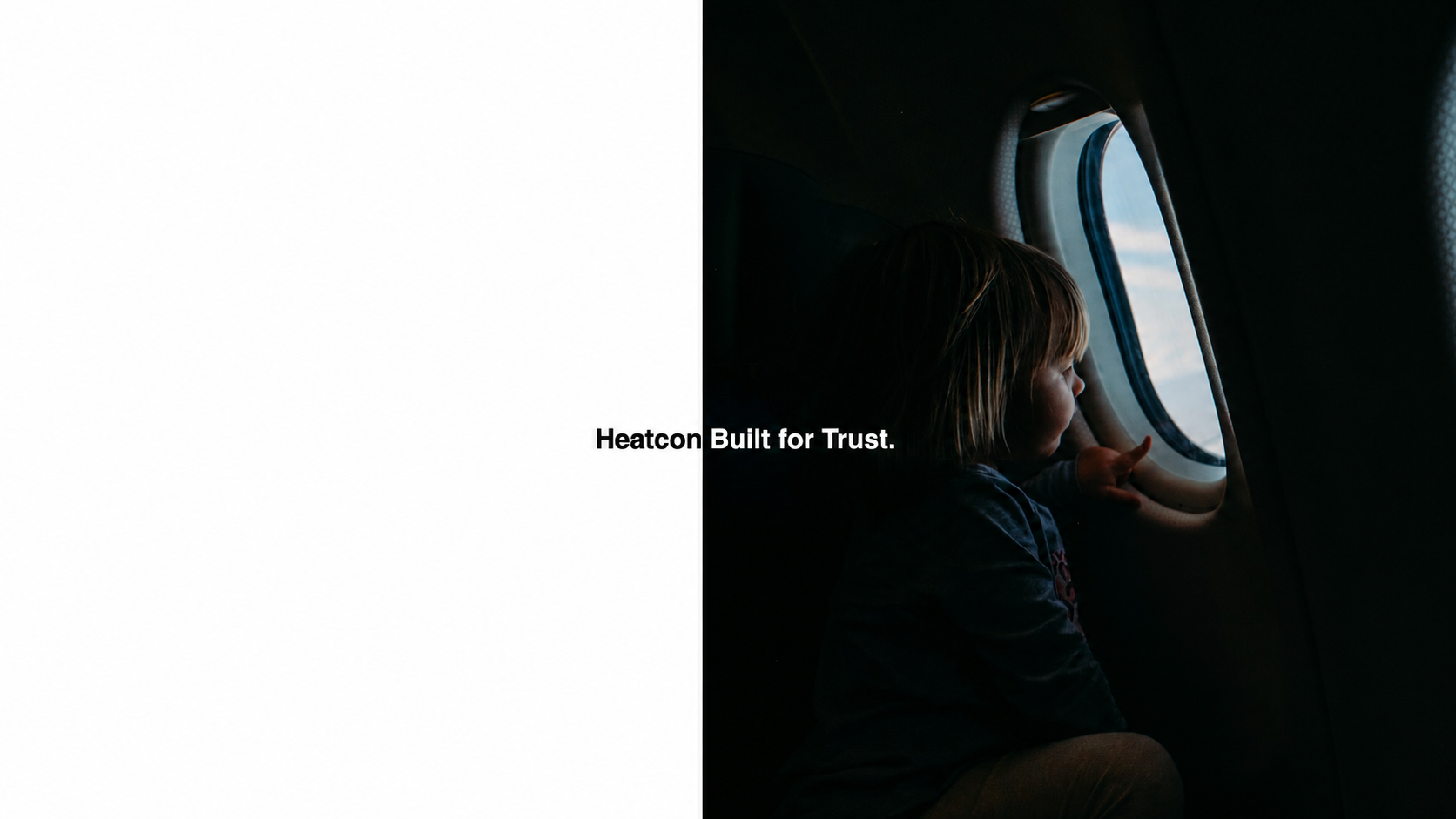 A child looking through an airplane window beside the Heatcon Built for Trust campaign headline.