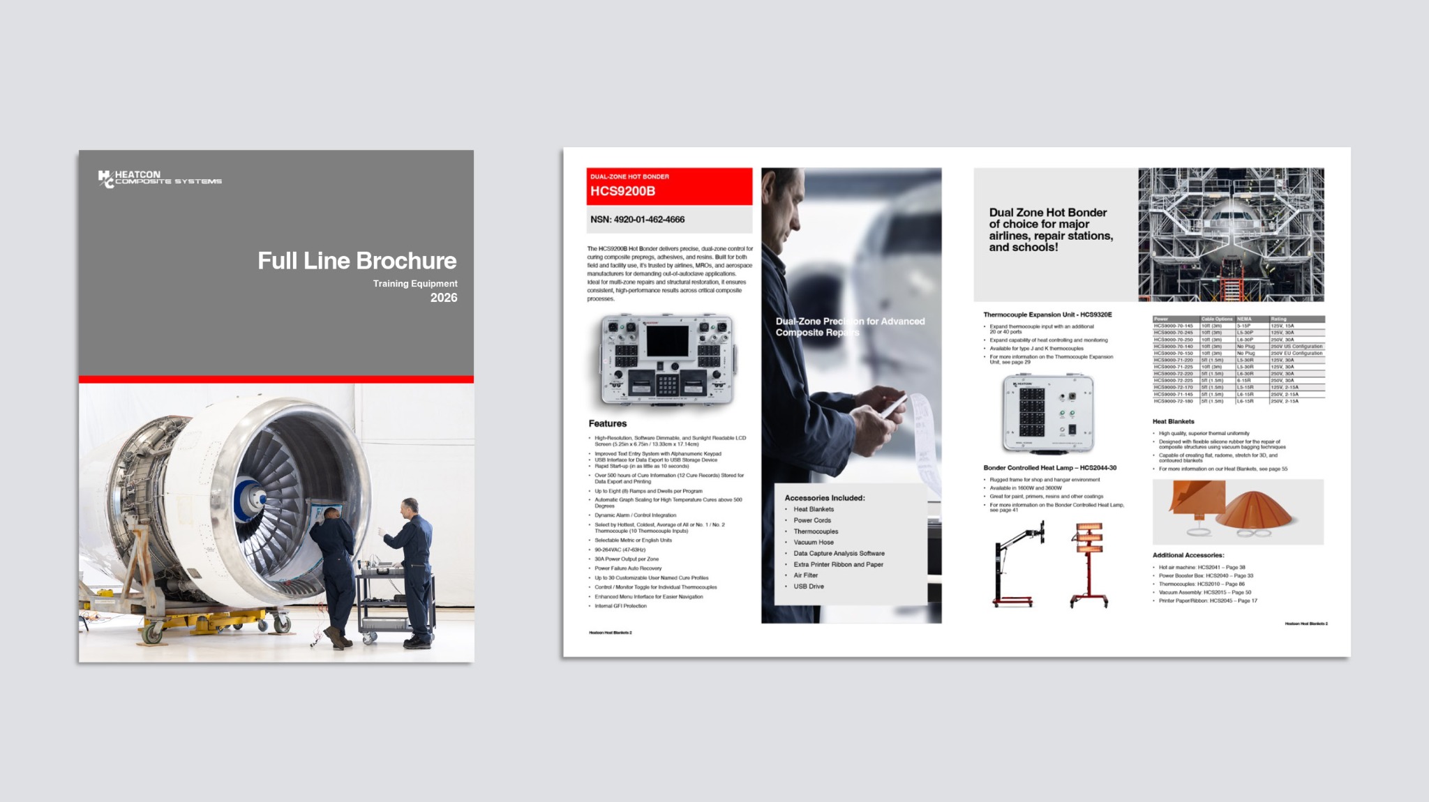 Heatcon full-line brochure cover with aircraft-engine photography beside an open product spread featuring hot bonders, specifications, heat blankets, and accessories.