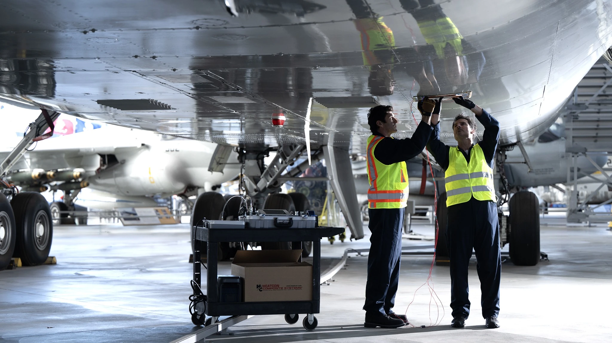 Two technicians in high-visibility vests work beneath an aircraft beside Heatcon equipment on a trolley.
