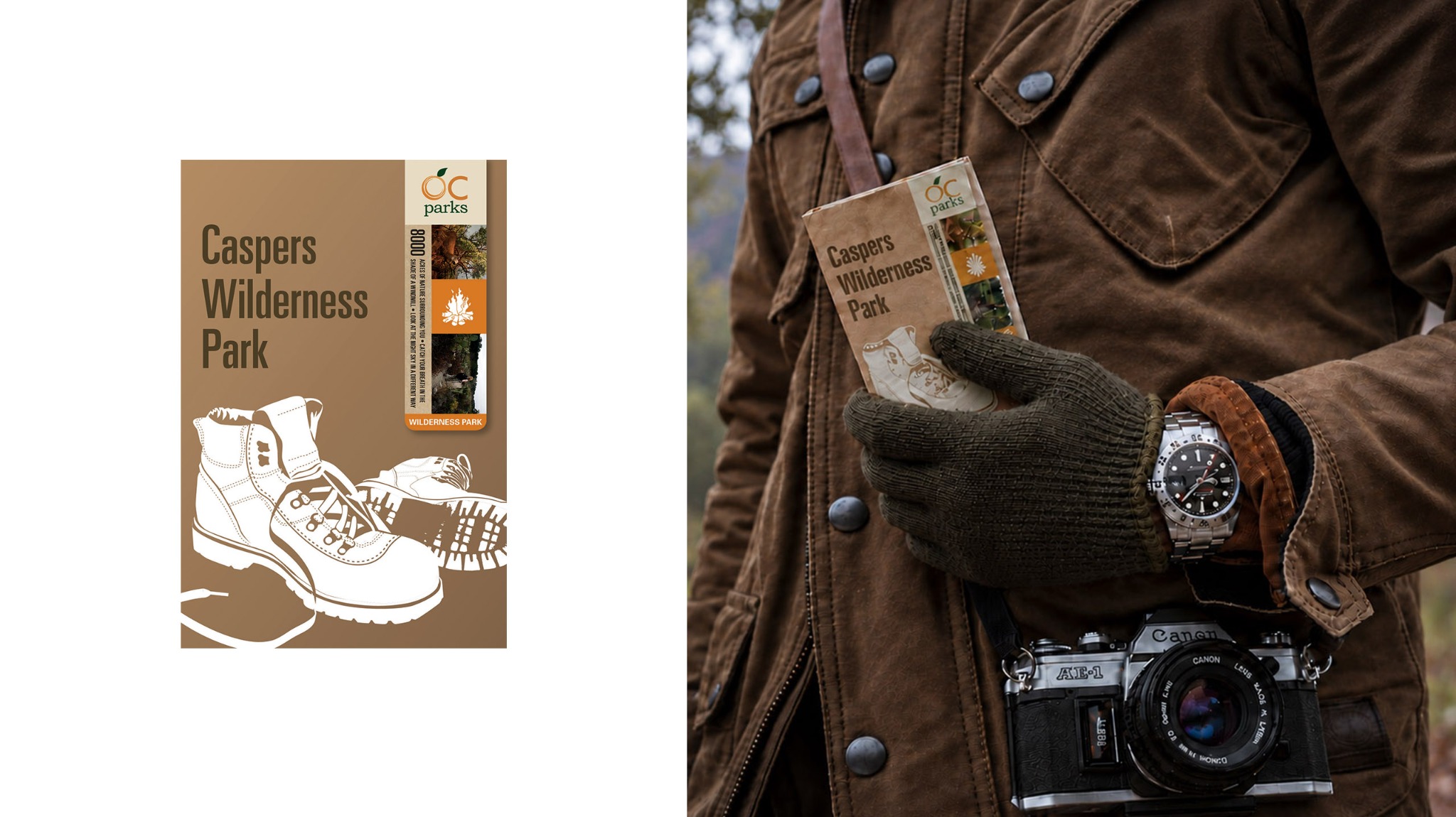 Caspers Wilderness Park brochure with hiking-boot illustrations beside a visitor holding the folded park map, wearing an olive glove and brown jacket with a camera.