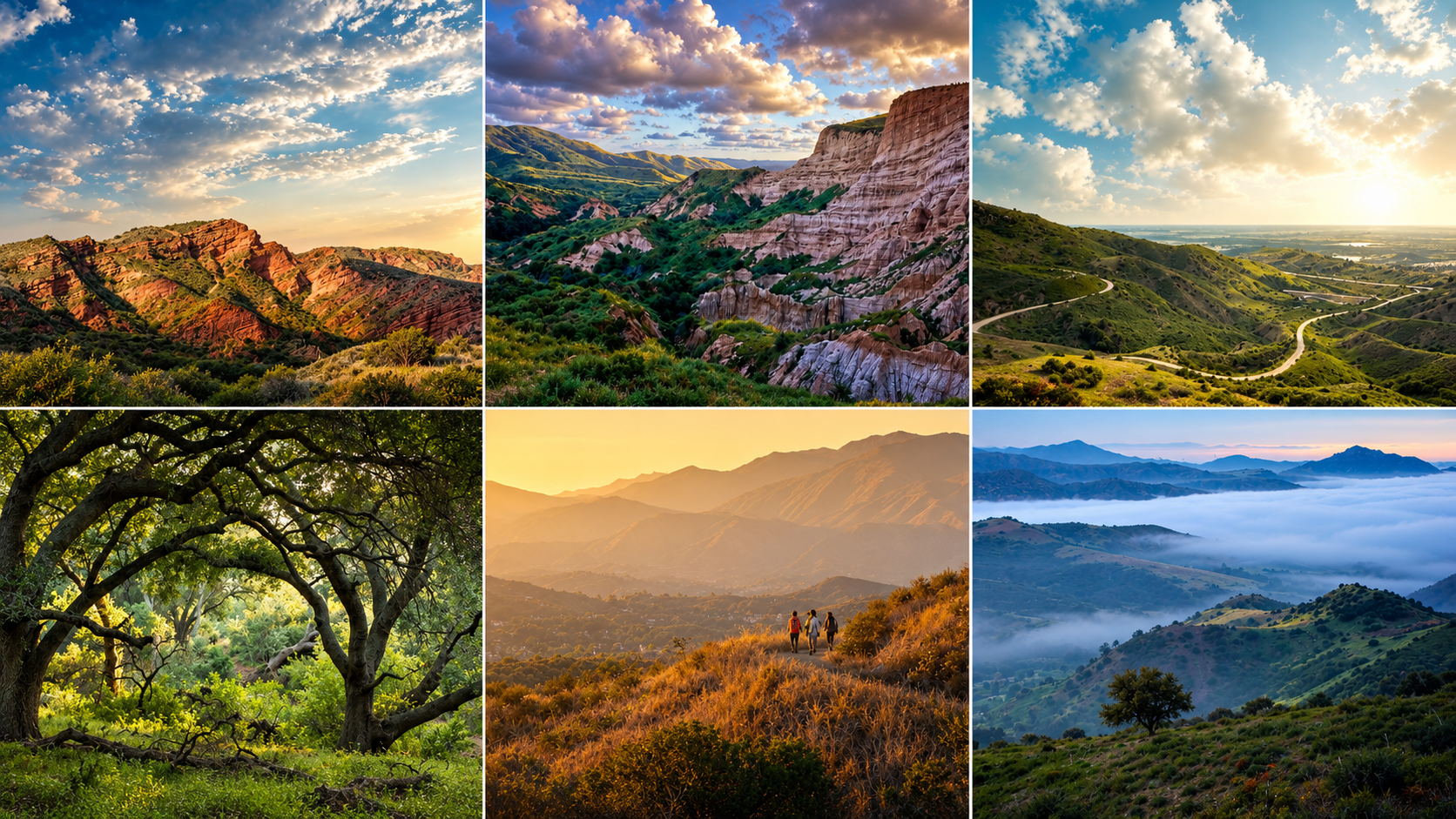 Six-image landscape montage featuring red rock canyons, sandstone cliffs, winding trails, oak woodland, hikers at sunset, and mist-covered hills.