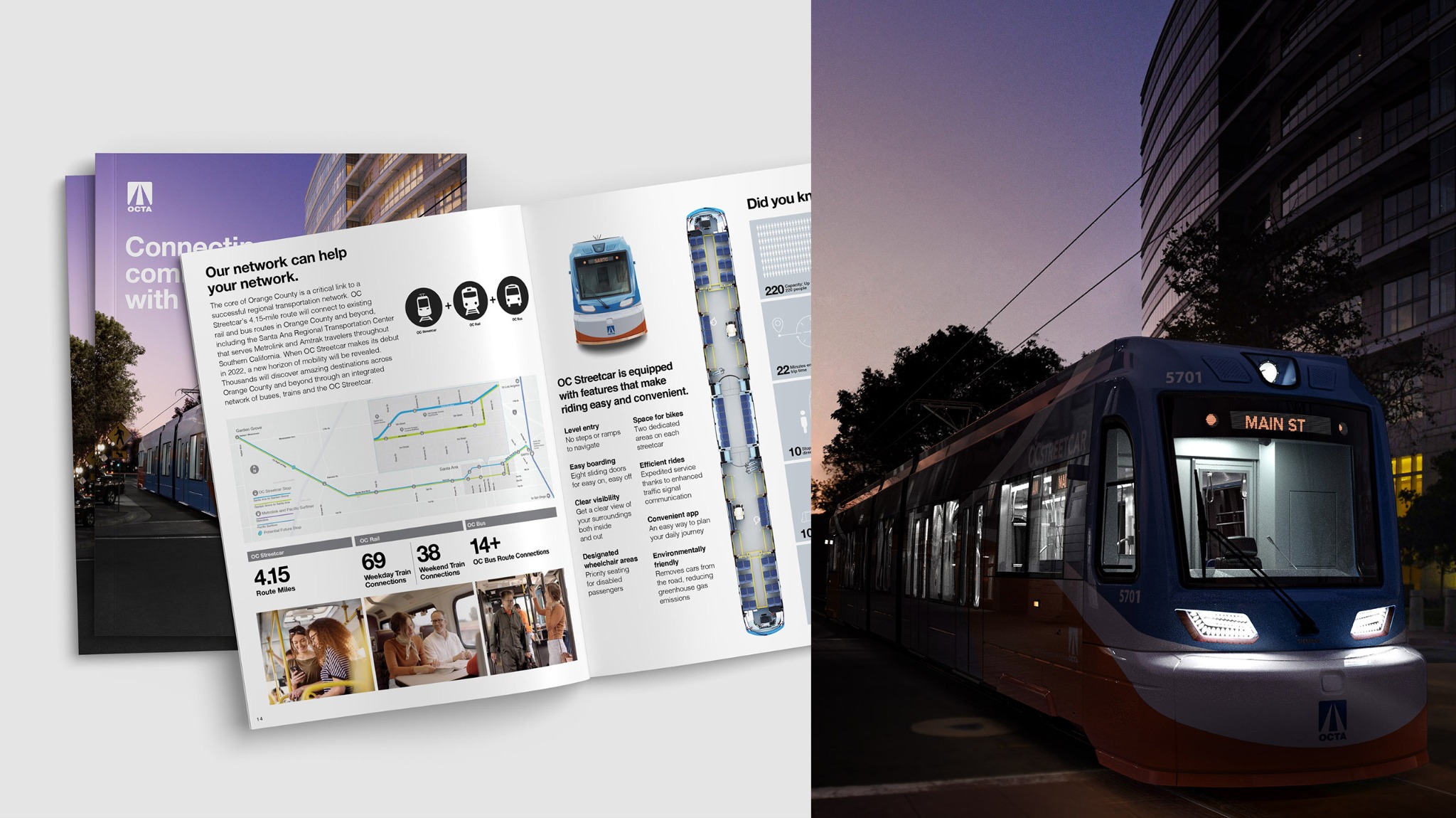 An OC Streetcar brochure cover and open passenger-information spread beside a streetcar at dusk.