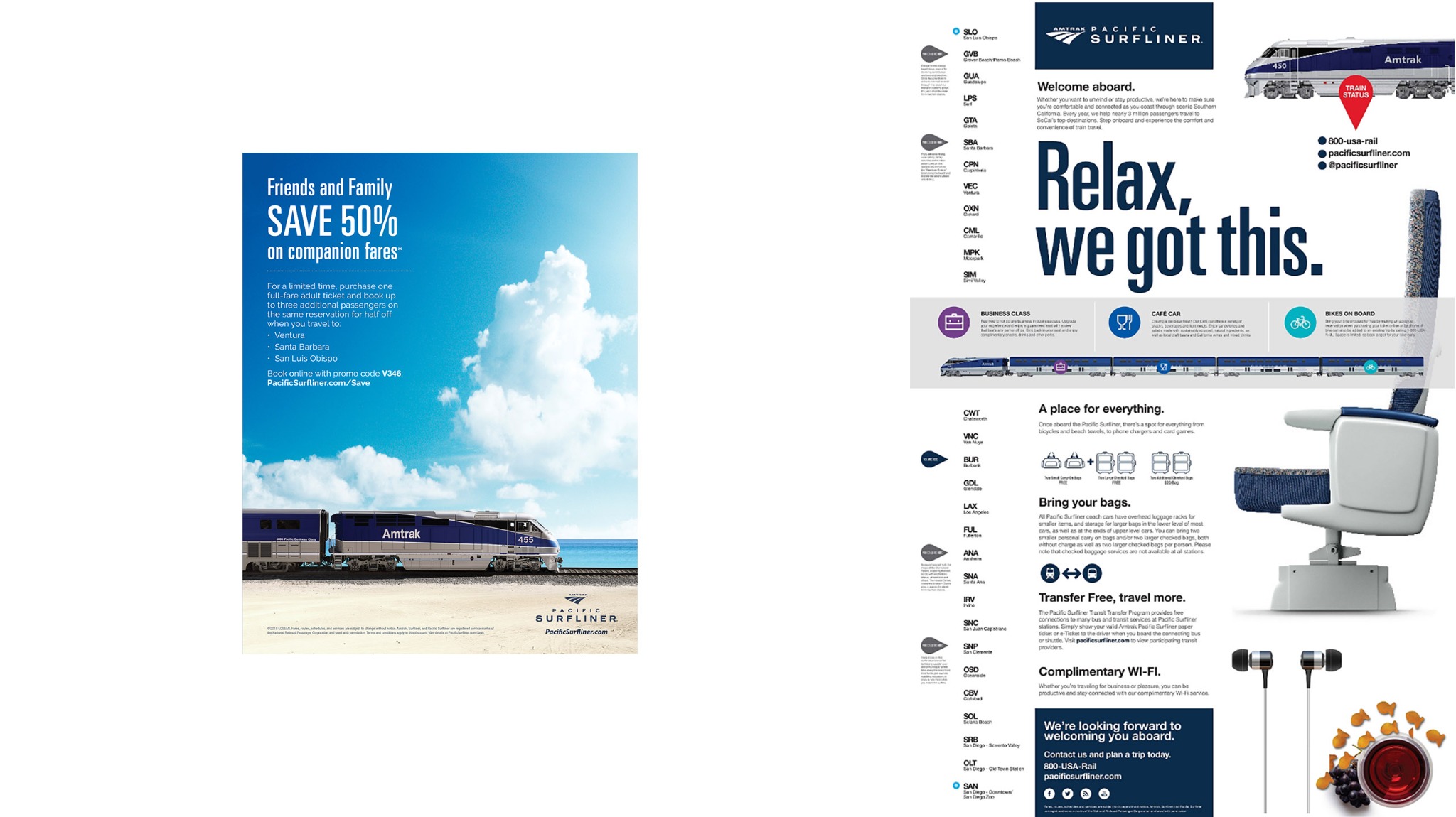 Pacific Surfliner Friends and Family companion-fare advertisement beside an illustrated onboard guide with route stops, train amenities, seating, and travel information.