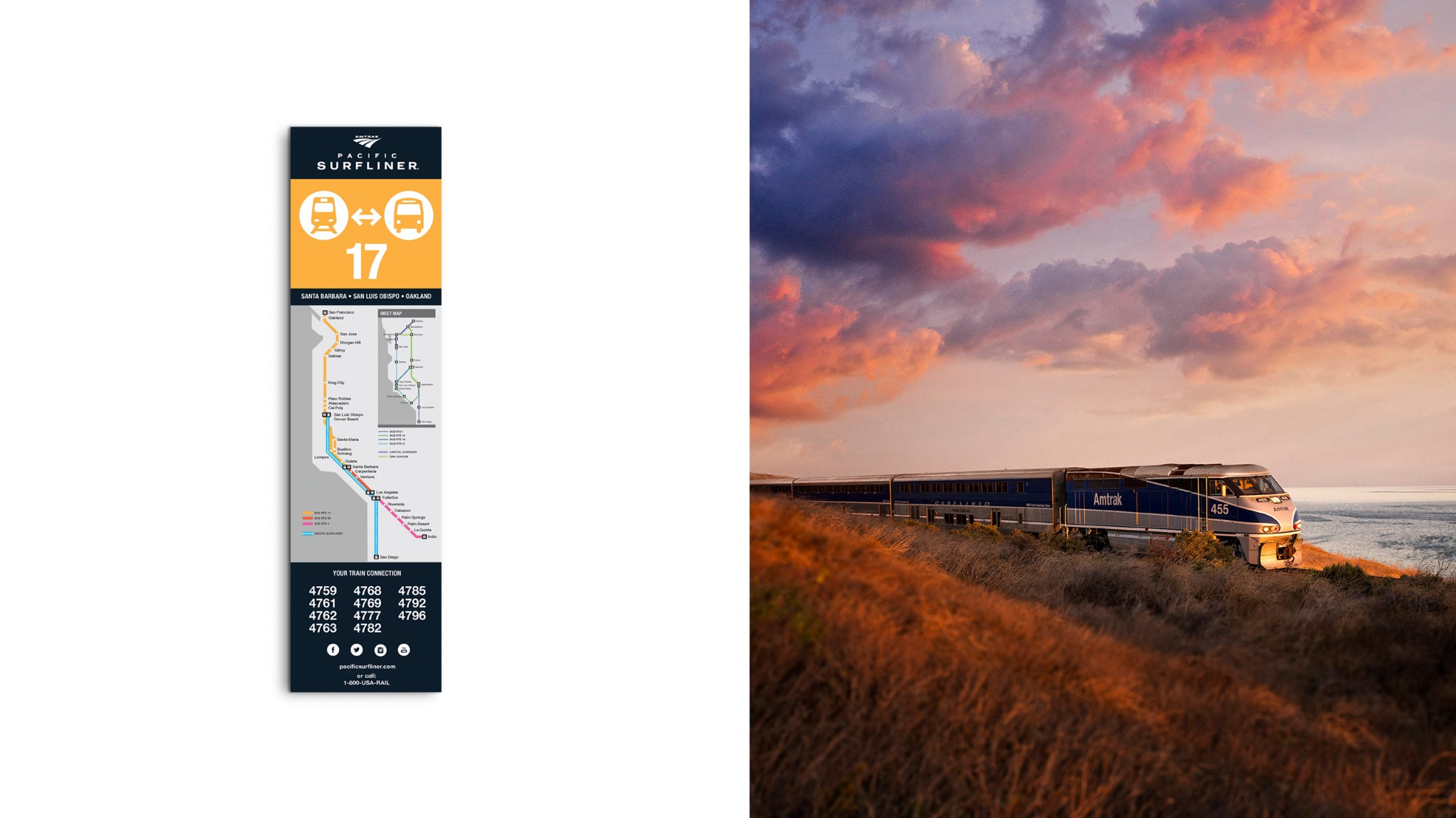Pacific Surfliner route guide beside a photograph of an Amtrak train along the coast beneath a colorful sunset sky.