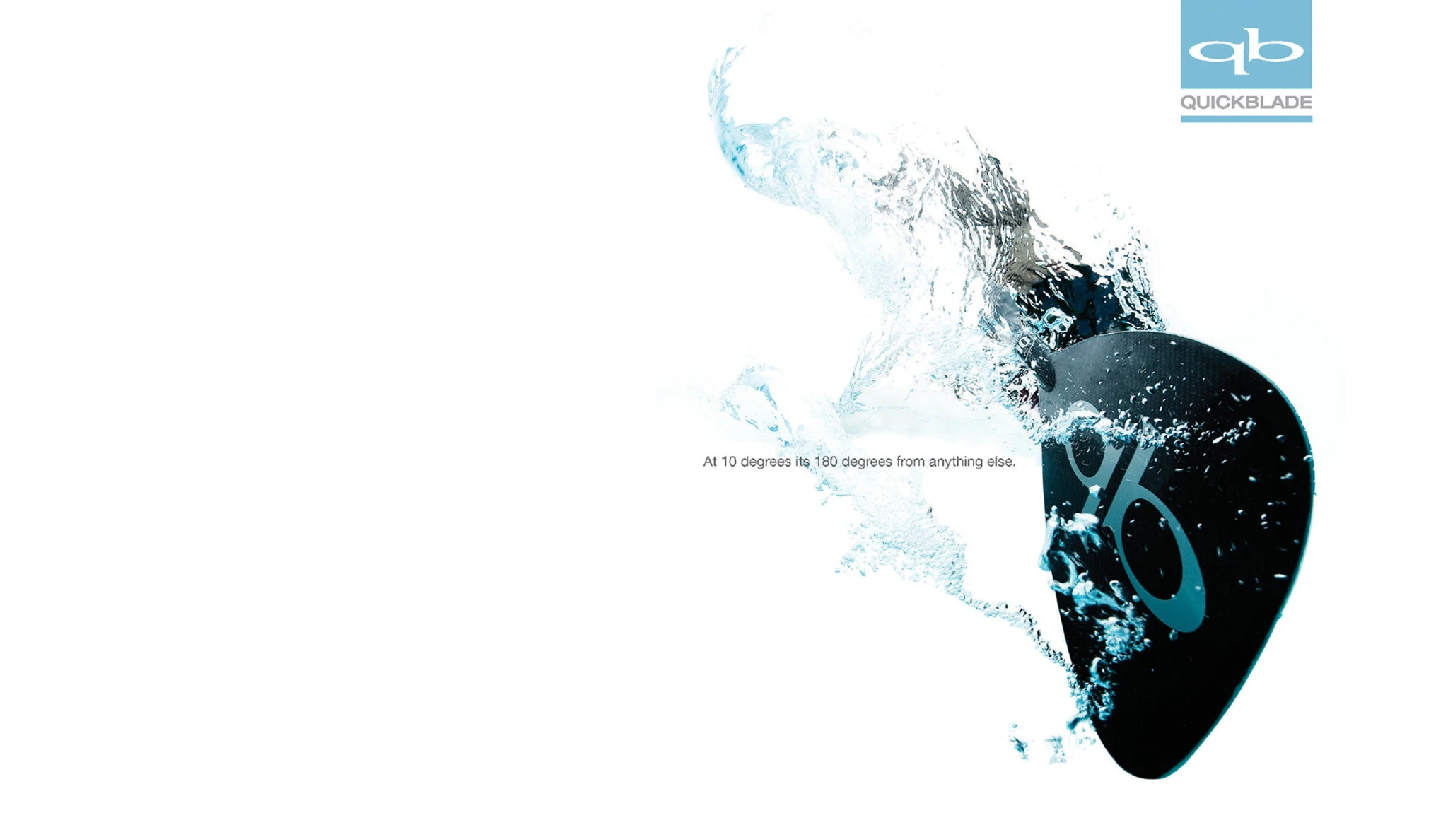 Quickblade paddle advertisement with a black paddle blade, splashing water, and a blue Quickblade logo.