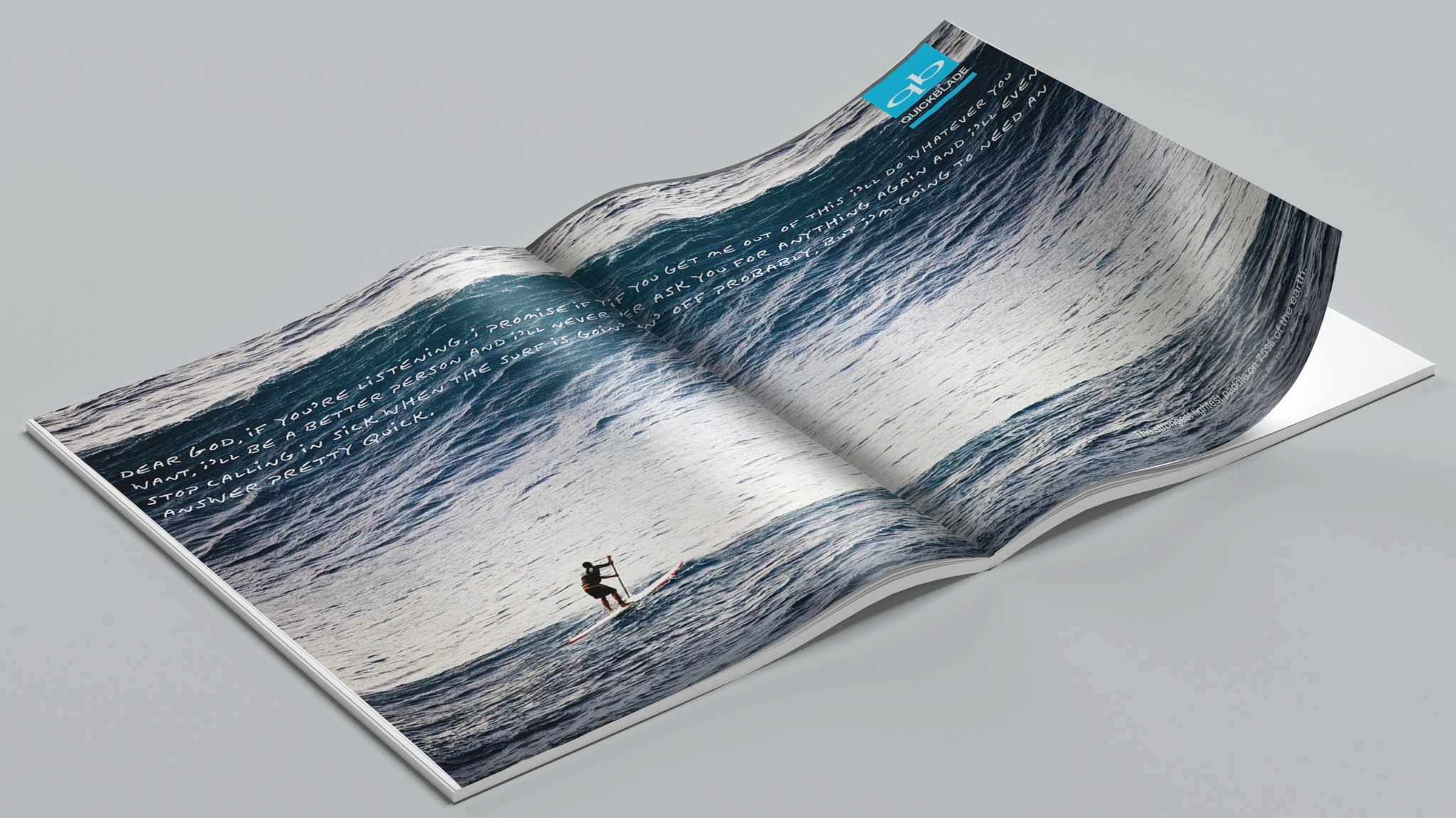 Open magazine spread for Quickblade Paddles with ocean-wave imagery, a paddleboarder, handwritten copy, and the Quickblade logo.