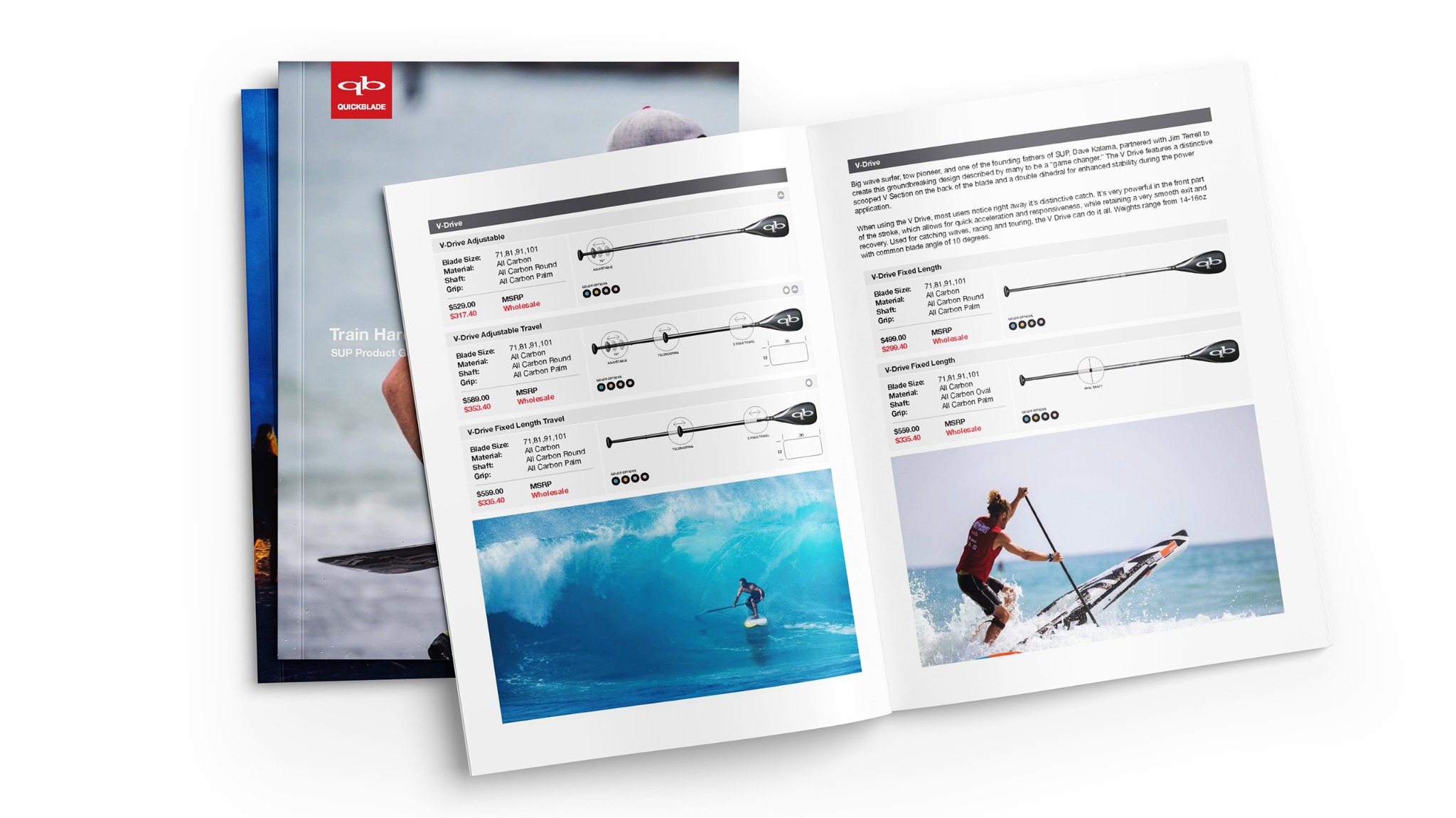 Quickblade product catalog covers and an open spread featuring paddle specifications and paddleboarding photography.