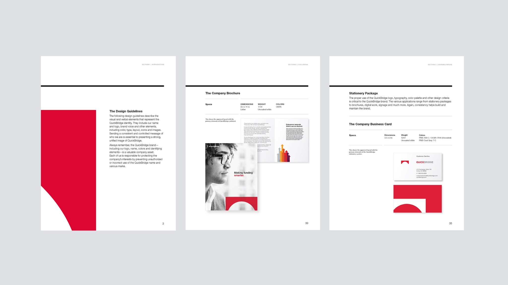 Three QuickBridge brand-guideline pages showing the design introduction, company brochure, and stationery and business-card system in red, black, and white.