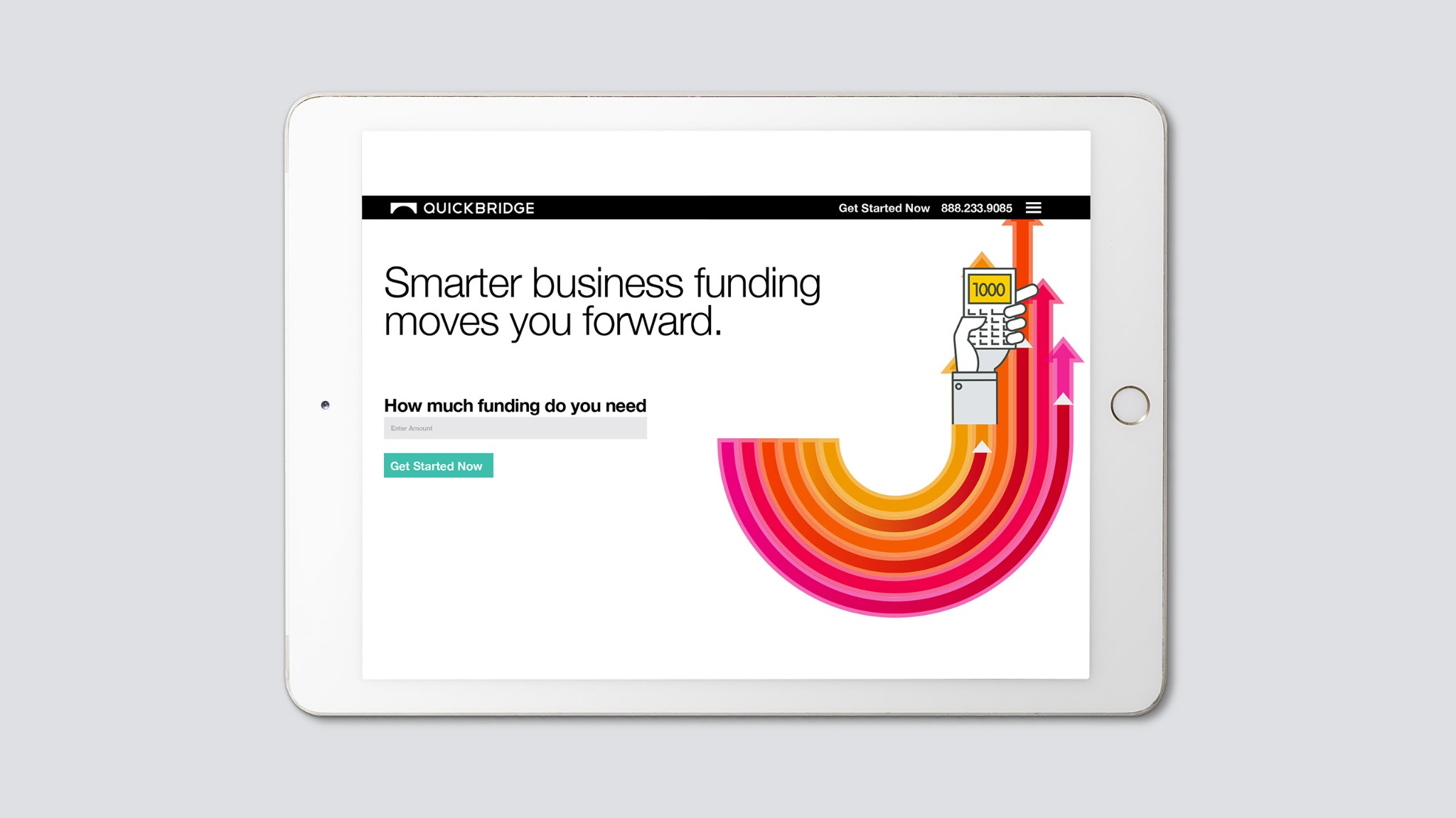 QuickBridge website displayed on a white tablet, with the headline Smarter business funding moves you forward and colorful upward arrows.