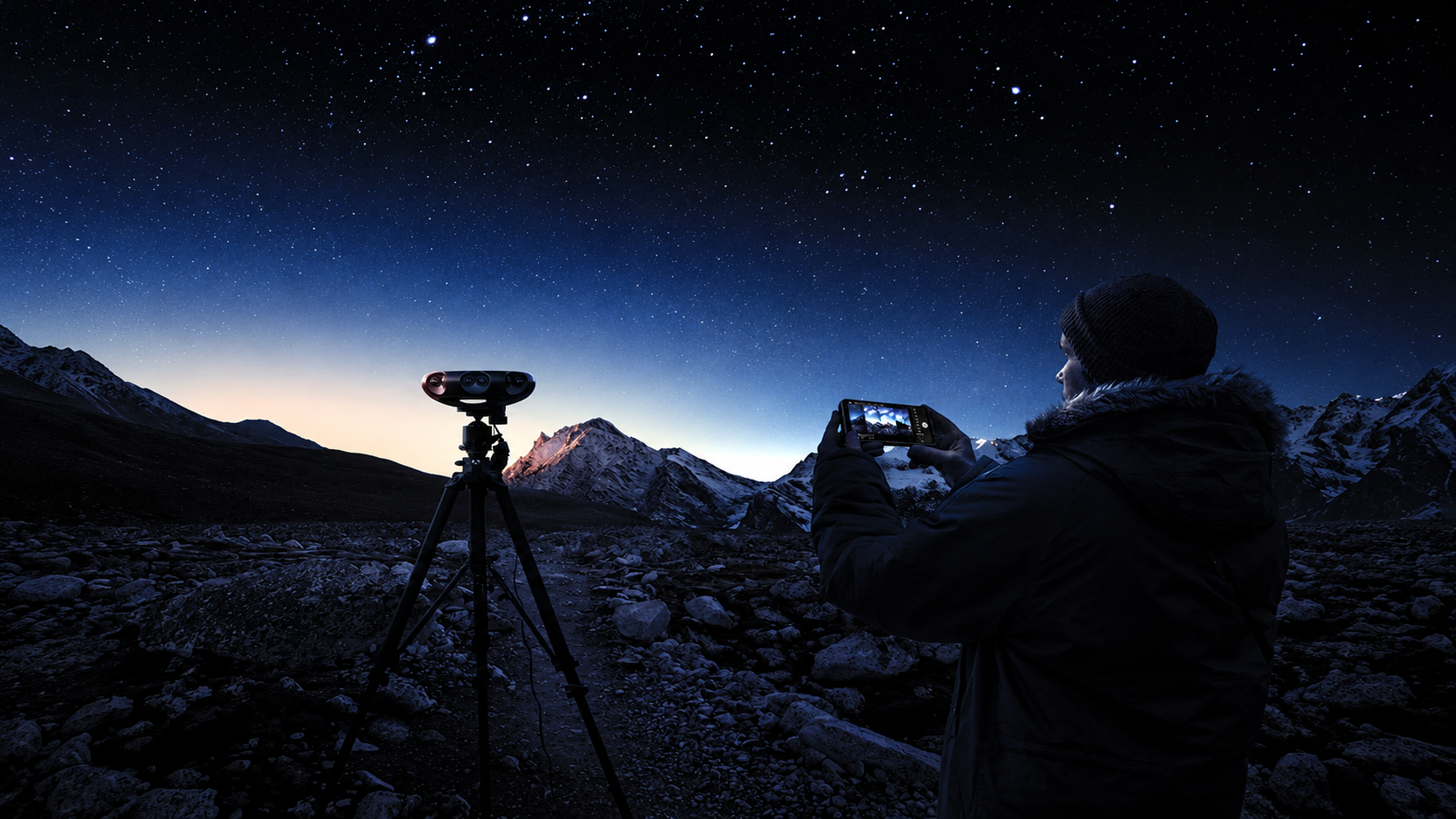 A filmmaker operates a phone beside a 360 camera on a tripod in a rocky mountain landscape under a starry blue sky.