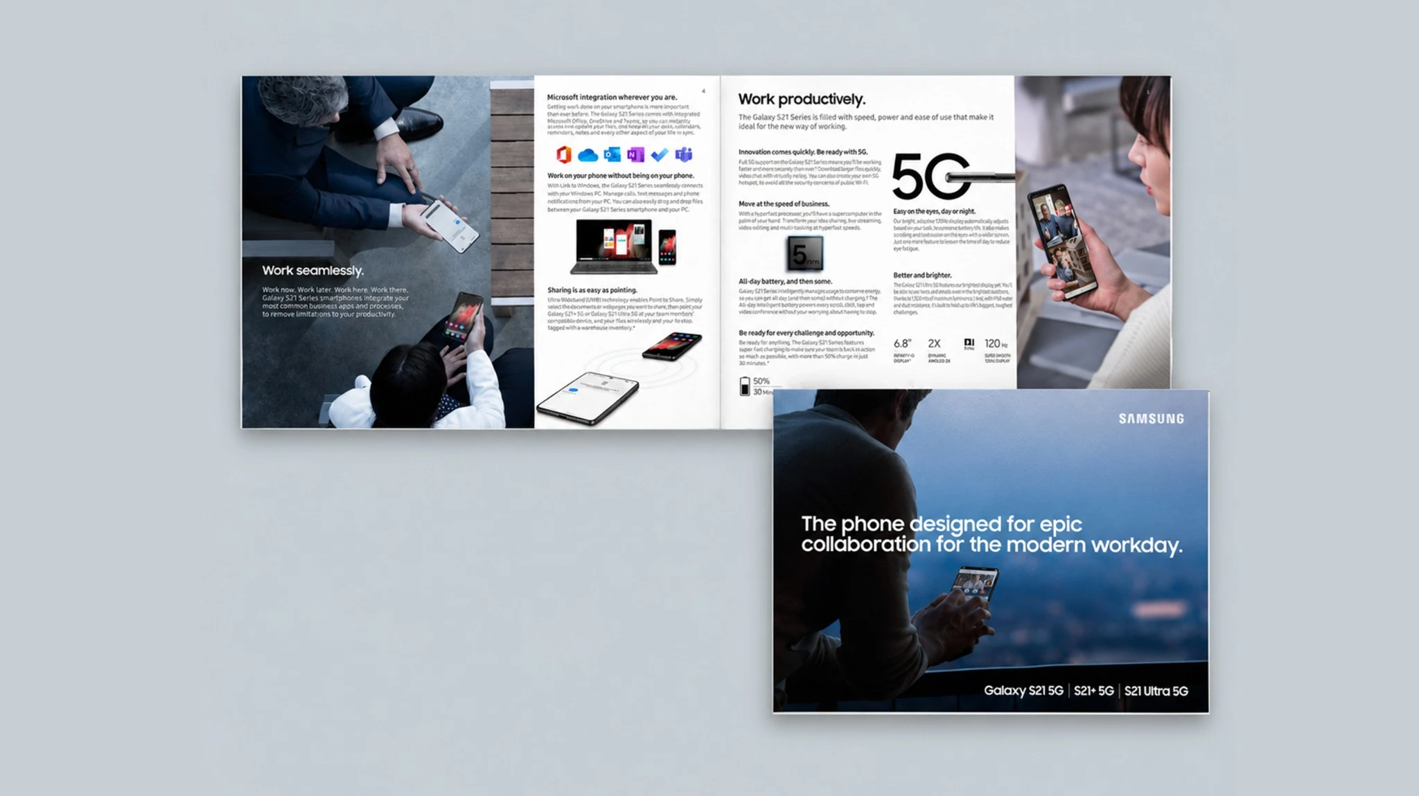 Samsung smartphone brochure cover and open spread with business-use photography and feature messaging.
