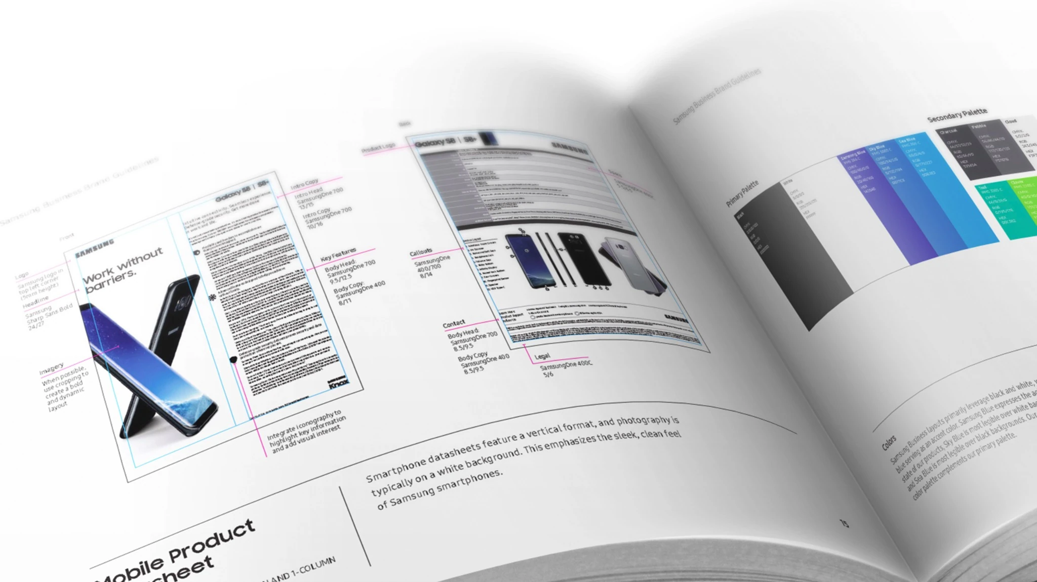 Samsung business brand guideline pages showing smartphone brochure layouts, typography annotations, and color palettes.