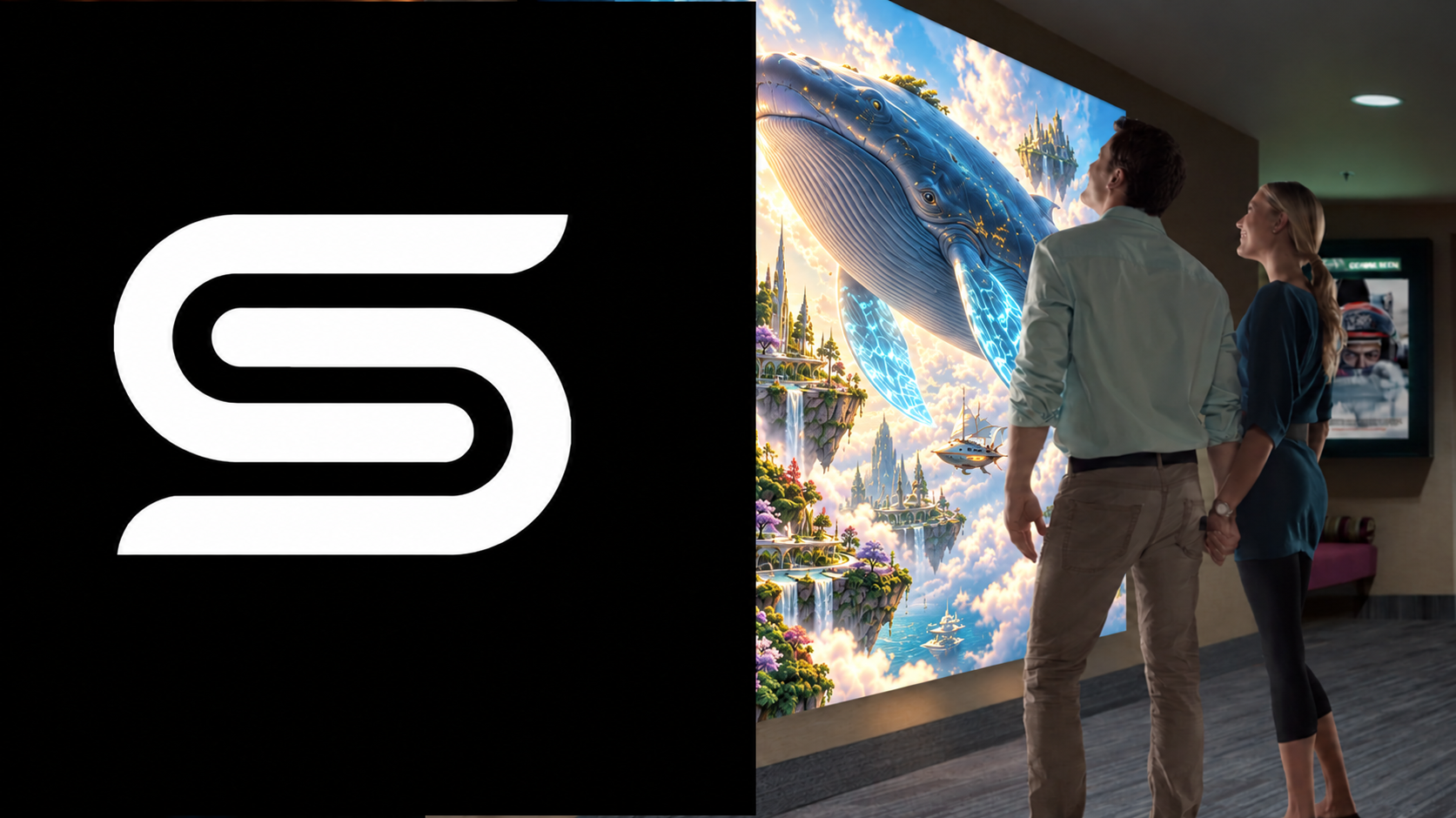 White Smart Signage symbol on black beside two people watching an oversized luminous sky-whale above floating gardens on a seamless, bezel-free cinema display.