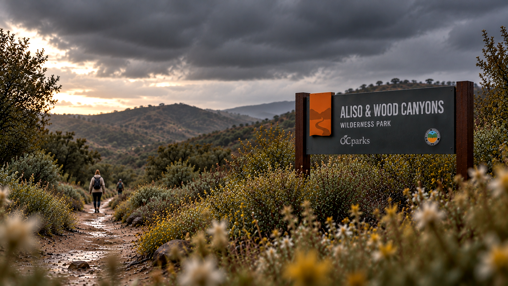 Aliso & Wood Canyons Wilderness Park entrance sign beside a trail, with hikers, native vegetation, and a dramatic cloudy sky.