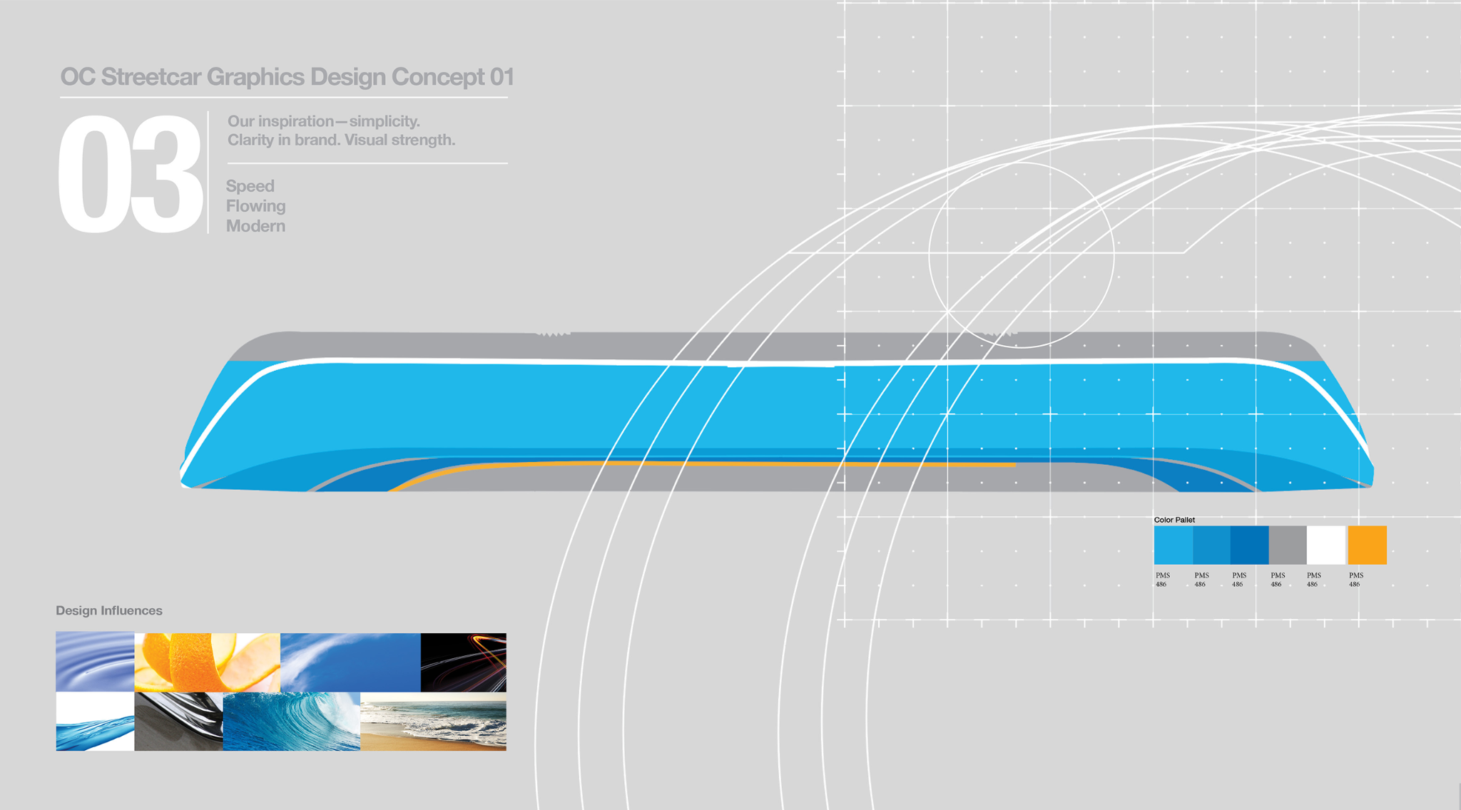 OC Streetcar vehicle graphics concept with sweeping blue lines, a construction grid, and color palette.