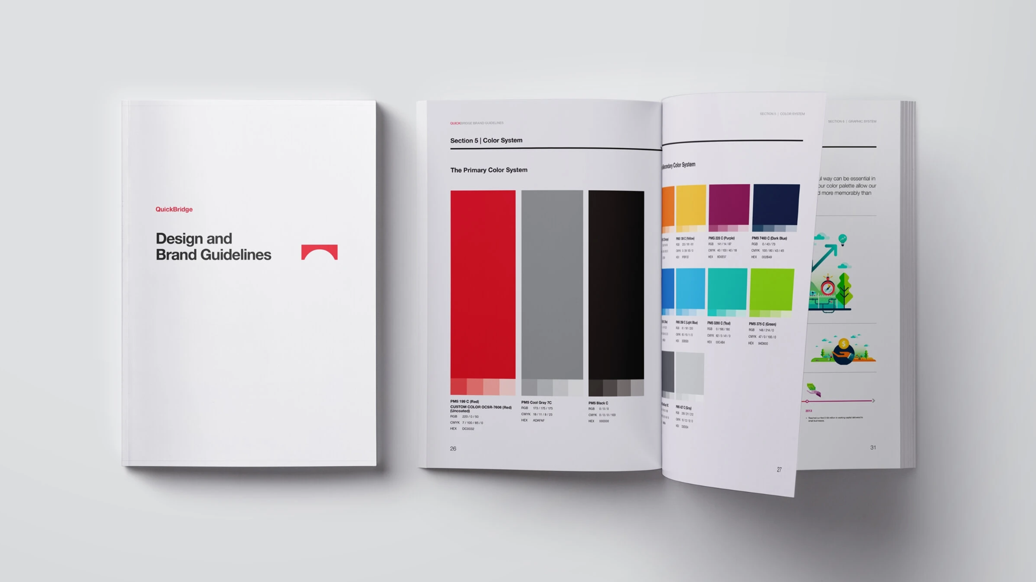 QuickBridge design and brand guidelines shown as a cover and open pages with color palettes and graphic examples.