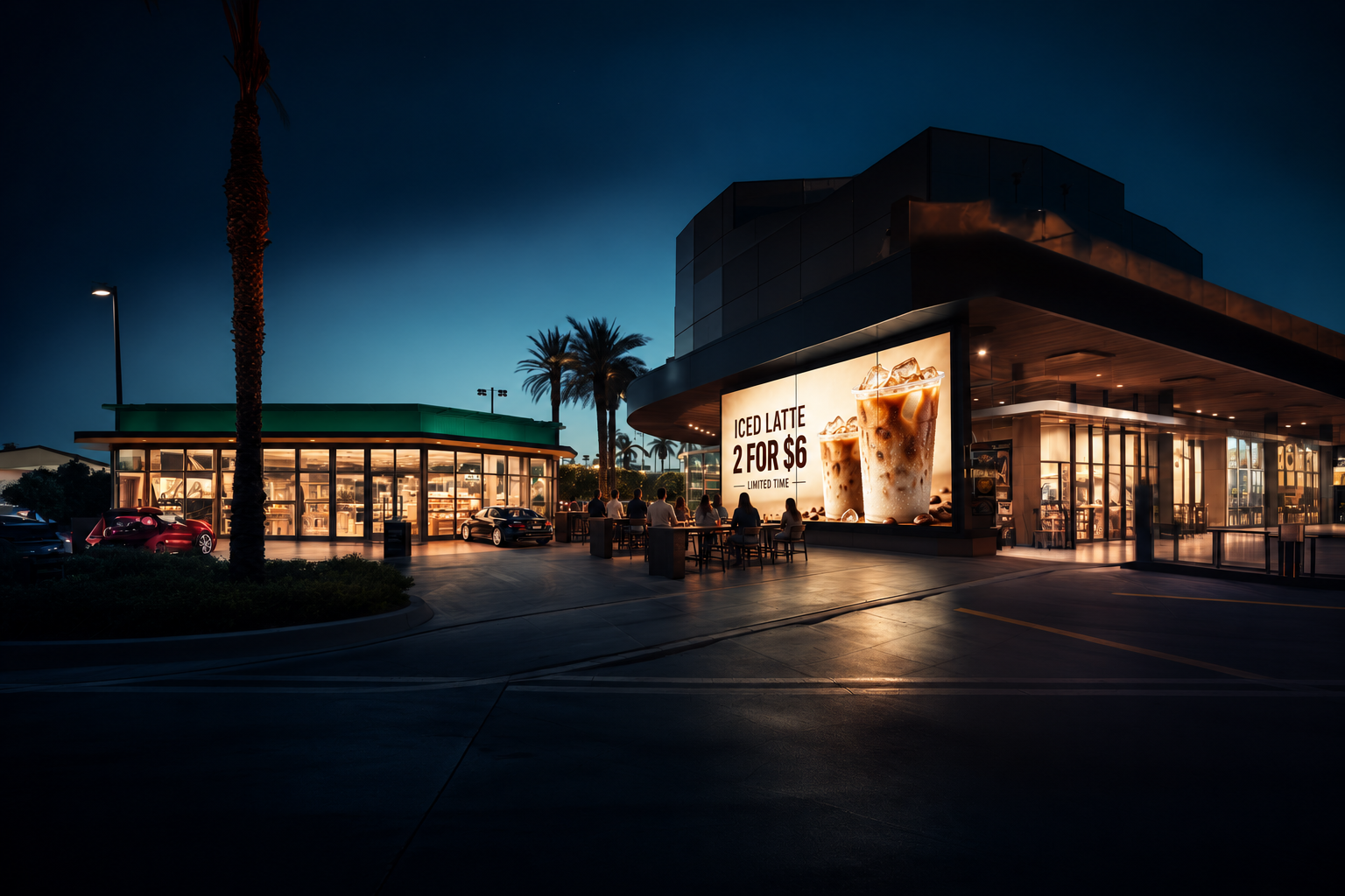A café at dusk with customers facing a large digital display promoting an iced latte offer.